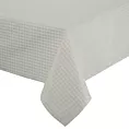 Obrus kremowy 135x180 cm z żakardowej tkaniny FLASH świąteczny w krateczkę przetykany jasnozłotą nicią