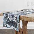 Obrus szyty MARINA biało granatowy z miękkiej tkaniny typu blackout drukowanej w egzotyczne liście