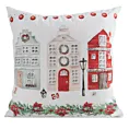Poszewka na poduszkę welwetowa 45x45 cm zdobiona uroczym nadrukiem domków świątecznych