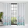 Zasłona biało, niebieska z nadrukiem malowanych kwiatów z etaminy 140x250 cm przelotka - LILIAN
