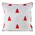 Poszewka na poduszkę świąteczna 45x45 cm biało, czerwona zdobiona nadrukiem choinek i elegancką wypustką
