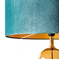 Lampa stojąca do pokoju turkusowo, złota MUSA z podstawą łączącą szkło i metal oraz welwetowym abażurem