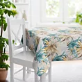 Obrus szyty beżowo niebieski z miękkiej tkaniny typu blackout drukowanej w egzotyczne liście