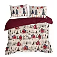 Pościel świąteczna 160x200 cm satyna bawełniana kolor bordowy, ciemnokremowy z nadrukiem zimowego miasteczka ASHER