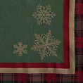 Bieżnik na stół czerwono, zielony 45x140 cm gobelinowy CHERRY z motywem złotych śnieżynek i ozdobną kantą w kratę