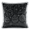 Poszewka na poduszkę 45x45 cm czarno, srebrna z haftowanym świątecznym motywem i ozdobnymi frędzlami