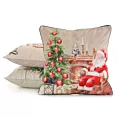 Poszewka na poduszkę 45x45 cm welwetowa, beżowo czerwona zdobiona uroczym motywem świątecznym