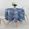 Obrus szyty TROPICANA jasnoniebiesko jasnoturkusowy z miękkiej tkaniny typu blackout drukowanej w egzotyczne liście