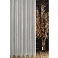 Firana szyta na flexach kremowa zdobiona pionowymi, połyskującymi paskami z nici metalicznej, wykończona obciążnikiem
