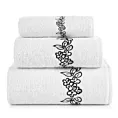 Zestaw ręczników bawełnianych na prezent 3 szt kolor biały,czarny z haftowanym motywem kwiatów 380g/m2 CLAVIA