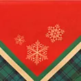 Bieżnik na stół czerwono, zielony 85x85 cm welwetowy CHERRY z motywem śnieżynek i ozdobną kantą w kratkę