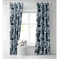 Zasłona szyta na taśmie 5 cm MARINA biało granatowa z miękkiej tkaniny typu blackout drukowanej w egzotyczne liście