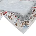 Obrus srebrny 100x100 cm gobelinowy przetykany metaliczną nicią z wzorem zimowego miasteczka