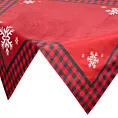 Bieżnik na stół czerwono, czarny 85x85 cm welwetowy RUDOLF z motywem śnieżynek i ozdobną kantą w kratę