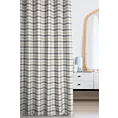 Zasłona szyta na tunelu beżowo grafitowa z tkaniny o naturalnym splocie z nadrukowanym wzorem w kratę