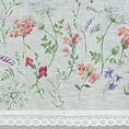 Zazdrostka biało, zielona z etaminy z nadrukiem letnich polnych kwiatów i bawełnianą koronką 150x60 cm tunel SYLWIA