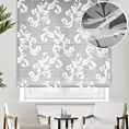 Roleta rzymska biała z ekskluzywnej tkaniny organtynowej z wzorem roślinnym, wykończona obciążnikiem
