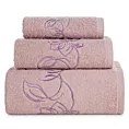 Zestaw ręczników bawełnianych na prezent 3 szt kolor pudrowy, liliowy z haftem uroczych kwiatów 400 g/m2 LILA