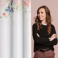 Zasłona biało, różowa zdobiona wzorem botanicznym z etaminy 135x250 przelotka - ARLENA