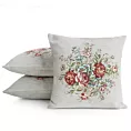 Poszewka na poduszkę 45x45 cm z tkaniny gobelinowej z szenilową nicią z motywem kwiatów szarobeżowa, czerwona