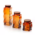 Pojemnik KELSI z barwionego szkła artystycznego z drewnianą pokrywką, miodowy
