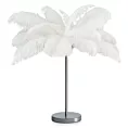 Lampa stojąca do salonu srebrno, biała FERI na metalowej podstawie z niezwykle efektownym abażurem z naturalnych strusich piór