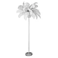 Lampa stojąca do salonu srebrna FERI na metalowej podstawie z efektownym abażurem z naturalnych strusich piór