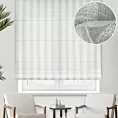 Roleta rzymska biała z matowej tkaniny w pasy z efektem bukli, wykończona obciążnikiem