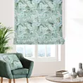 Roleta rzymska miętowa z tkaniny o naturalnym splocie z kwiatowym wzorem