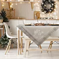 Bieżnik na stół ciemnobeżowy 90x90 cm gobelinowy HOLLY z motywem świątecznym i ozdobną kantą w kratę