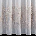 Firana szyta na flexach biała z tkaniny z efektem deszczyku, zdobionej roślinnym, frędzlowym haftem