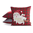 Poszewka na poduszkę świąteczna 45x45 cm czerwono, biała w kratę zdobiona haftem zabawnego Mikołaja
