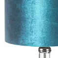 Lampa stołowa do pokoju turkusowa KIM na podstawie z przezroczystego szkła z abażurem z lśniącego welwetu