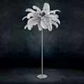 Lampa stojąca do salonu srebrna FERI na metalowej podstawie z efektownym abażurem z naturalnych strusich piór