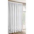 Firana biała z gładkiej tkaniny zdobiona pasem haftowanych kwiatów i perełek 350x270 cm taśma JULIA EVA MINGE