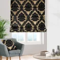 Roleta rzymska czarno złota z szenilowej tkaniny w klasyczny wzór ornamentowy przetykany błyszczącą nicią
