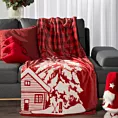 Koc 150x200 cm czerwono, biały świąteczny z motywem domku RUDOLF
