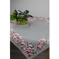 Obrus popielato, różowy 100x100 cm gobelinowy zdobiony motywem kwiatów magnolii