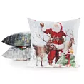 Poszewka na poduszkę świąteczna 45x45 cm biało, czerwona zdobiona nadrukiem Mikołaja z Reniferami