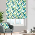 Roleta rzymska AMIRA biało zielona z miękkiej tkaniny typu blackout drukowanej w egzotyczne liście
