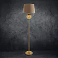 Lampa stojąca do pokoju ciemnobrązowo, złota LEONA z matowym abażurem o widocznym splocie