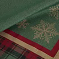 Bieżnik na stół czerwono, zielony 45x140 cm gobelinowy CHERRY z motywem złotych śnieżynek i ozdobną kantą w kratę