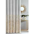 Firana szyta na taśmie 5 cm biało złocista z tkaniny typu ADEN z efektem deszczyku, zdobionej niereguralnym złotym nadrukiem, wykończona obciążnikiem