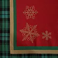 Obrus czerwono, zielony 140x200 cm gobelinowy CHERRY z motywem złotych śnieżynek i ozdobną kantą w kratę