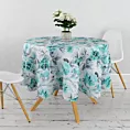 Obrus szyty ORIANA biało jasnoturkusowy z tkaniny o naturalnym splocie w malarski kwiatowy wzór