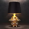 Lampa stołowa do salonu czarno, złota AMARI zdobiona szklaną podstawą i lekko szenilowym abażurem
