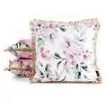 Poszewka na poduszkę 45x45 cm z tkaniny wodoodpornej biało, różowa idealna na taras oraz balkon zdobiona nadrukiem kwiatów i frędzli GARDEN