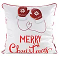 Poszewka na poduszkę 45x45 cm biało, czerwona zdobiona nadrukiem rękawic świątecznych z elegancką wypustką