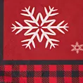 Bieżnik na stół czerwono, czarny 85x85 cm welwetowy RUDOLF z motywem śnieżynek i ozdobną kantą w kratę