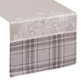 Bieżnik na stół beżowy 40x140 cm welwetowy HOLLY z motywem świątecznymi i ozdobną kantą w kratę